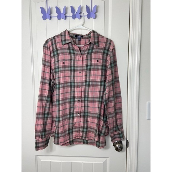 Chaps Tops - CHAPS women's green pink soft plaid button front flannel shirt cotton casual XL